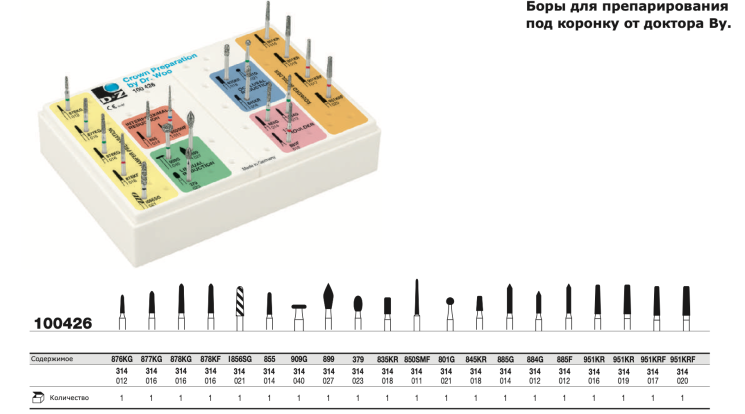 Боры алмазные препарирование под коронку Доктор Ву (набор 20шт) D+Z  / 100426
